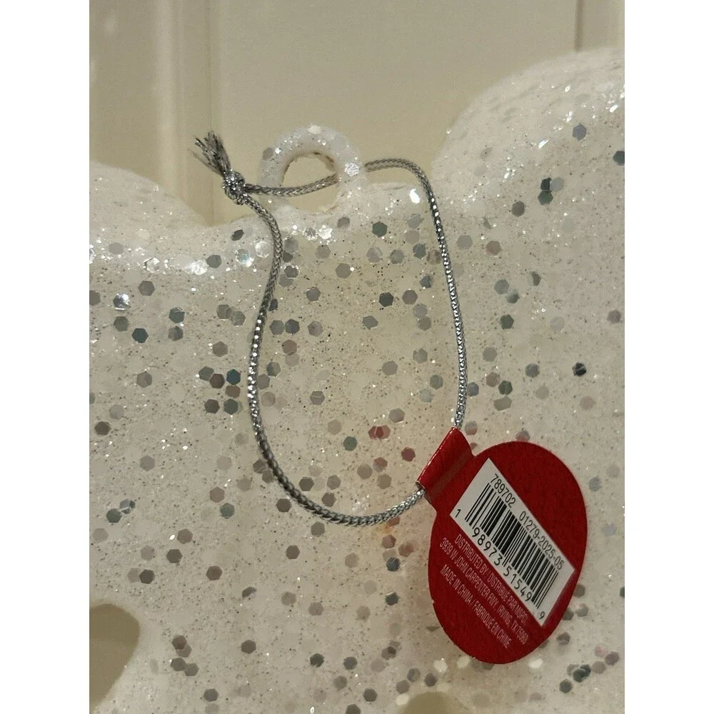 Ashland Christmas Jumbo Bow Ornament White Glitter Decorative 8”x 8